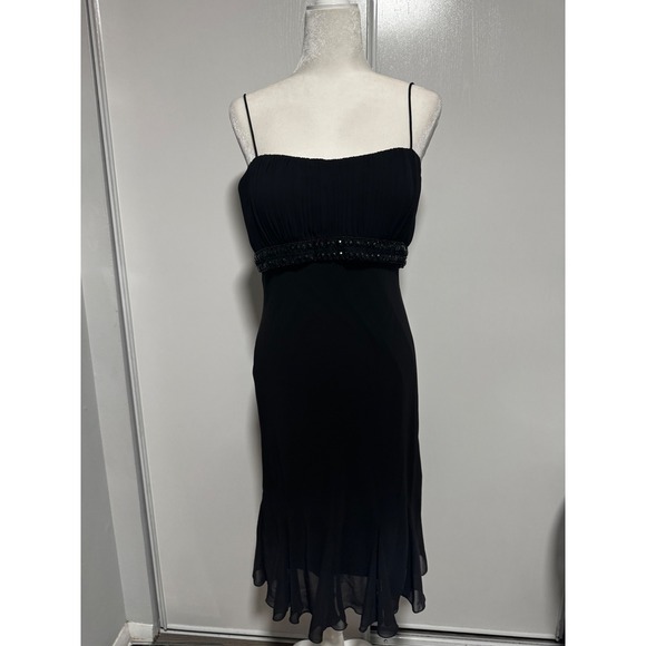 SL Fashions Dresses & Skirts - SL Fashions Black Beaded Empire Waist Cocktail Dress Midi Ruffle Hem Size 12